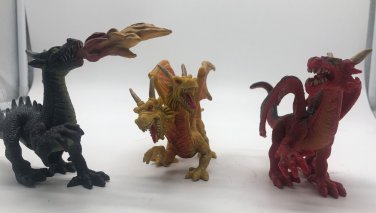 Vintage Dragon Plastic PVC Toys Figures Fire Breathing Winged 2 Headed Set Of 3