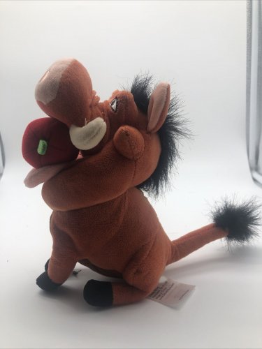 Disney Lion King PUMBAA eating Apple in mouth 8" Stuffed Plush Warthog CLEAN