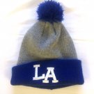 Vintage Los Angeles Pom Beanie Hat Cap Grey & Blue Knit Dodgers Rams Lakers