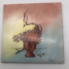 VTG WHEELING CUSHION CERAMIC HAND PAINTED TILE URN VASE FLORAL SIGNED  6"X6"