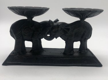Vintage Lucky Elephant Cast Iron Heavy 2 Candle Holder 9&acirc;�� Long Detailed Nature