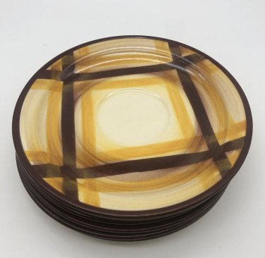 Vernon Ware CA Kilns ORGANDIE Metlox (6) Yellow & Brown 6.25" Saucer Plates
