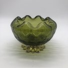 Vintage 1960s Indiana Green Glass Rose Bowl with Silver/Gold Leaf Metal Base