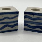 Glazed 2” cube ceramic Ambassador candleholders blue/aqua folk art Set of 2