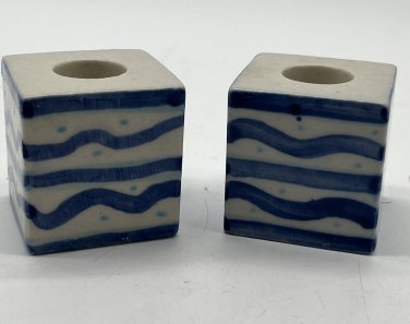 Glazed 2&acirc;�� cube ceramic Ambassador candleholders blue/aqua folk art Set of 2