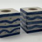 Glazed 2&acirc;�� cube ceramic Ambassador candleholders blue/aqua folk art Set of 2