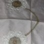 VINTAGE PRETTY IN PINK LACE 34â TABLECLOTH BROWN ACCENTS