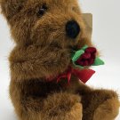 Vintage Hug Fun Brown Brown Teddy Bear Holding Red Rose 8” Satin Red Bow