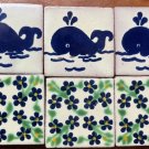 6 TILES Whale & Floral Red Pottery Ceramic Handmade Tile 2”x2”