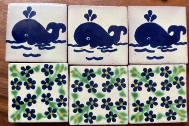 6 TILES Whale & Floral Red Pottery Ceramic Handmade Tile 2&acirc;��x2&acirc;��
