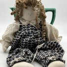 Vintage soft cloth doll. Homemade, 14”. jumpsuit, blouse. Curly Jute Hair