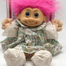 Vintage Russ Berrie 11" Troll Plush Soft Body Girl Doll Floral Dress Pink Hair