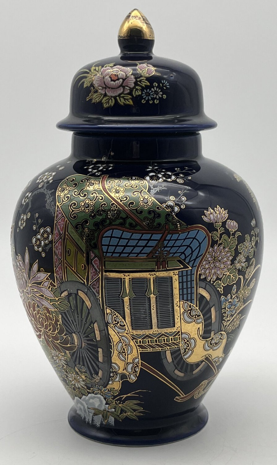 Vintage Cobalt Blue Gold Trim Ginger Jar Japan Kutani Style Flowers