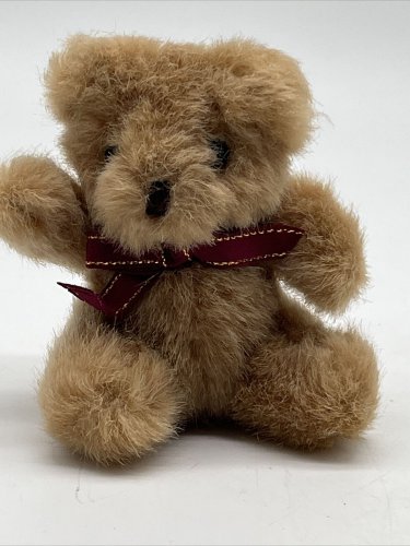 Vintage Russ Berrie Mini Bear Plush Burgundy Red Gold Trim Bow 4&acirc;��