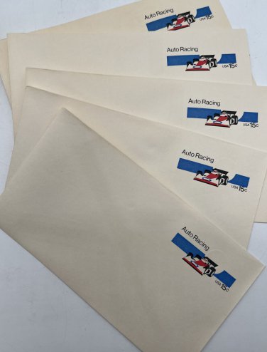 Vintage Envelopes Pre-Stamped 15 cent air Auto Racing stamp unused LOT OF 5 RARE