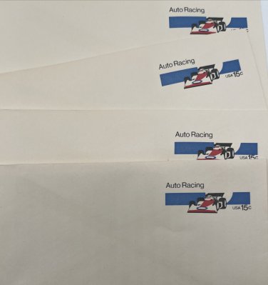 Vintage Envelopes Pre-Stamped 15 cent air Auto Racing stamp unused LOT OF 4 RARE