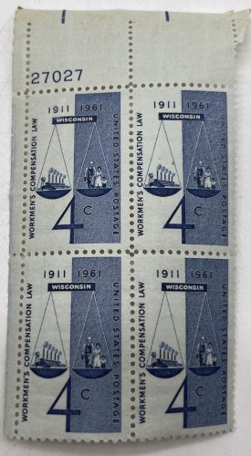 US Stamps, Workmen's Compensation 1961 4c bottom block of 4