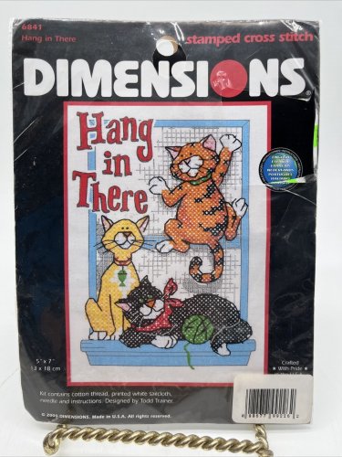 Dimensions Hang in There Stamped Cross Stitch Kit #6841 SEALED Cats 2000 NOS