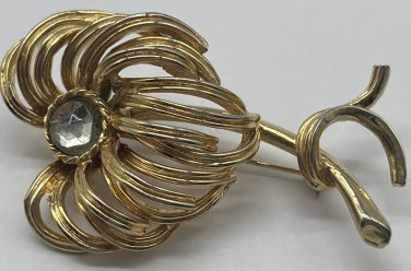 Vintage PAGO Signed Gold-tone flower Cubic Zirconia Brooch Pin 3"