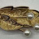 Vintage Japan Gold Leaf Hair Clip With Faux-Pearls And Rhinestone 2”