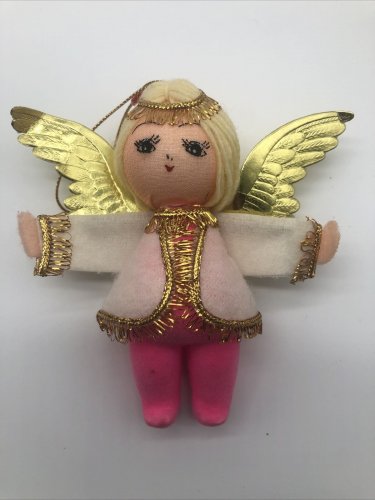 Vintage Christmas Cloth Angel Drawn Face Pink Legs Yarn Hair Japan 4&acirc;�� 1960s