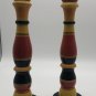Turned Wood Candlestick Holders Vintage 12" Tall Red Yellow Black BOHO Set of 2
