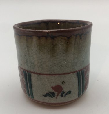 Handmade Japanese Pottery Tea Cup Yunomi Vintage Signed Glaze Brown Red Green