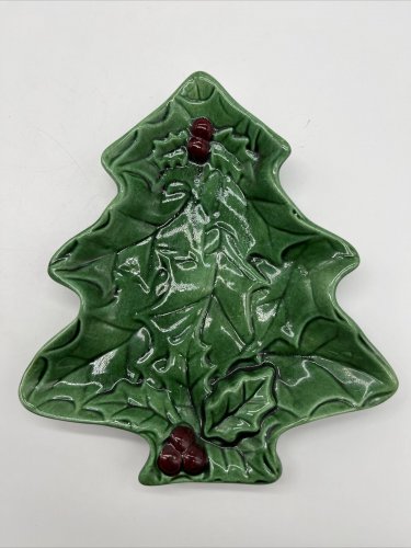 Ceramic Christmas Tree Cookie Serving Tray Holly Signed Dated 8&acirc;��