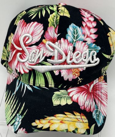 San Diego Black Tropical Floral Adjustable Hat Cap Embroidered