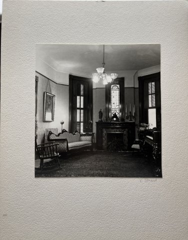 PHOTOGRAPH SITTING ROOM, FIREPLACE, SETEE STAIN GLASS WINDOW PIANO PHONOGRAPH
