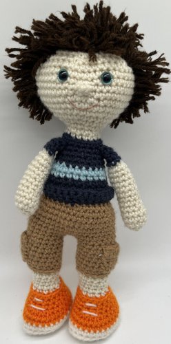 Handmade Crocheted Amigurumi Boy Doll 15&acirc;�� Navy blue shirt orange shoes blue eyes