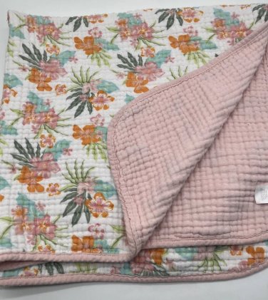 Chick Pea Muslin Stroller Baby Blanket Tropical Hibiscus Flower Pink Cotton 42&acirc;��