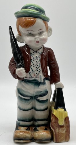 Handmade Ceramic Bisque Pouty Boy Suitcase Umbrella Hand Painted Japan 9&acirc;��
