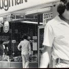 B&W Photo 70s City Street Drug Store Man Leisure Suit Eating 5” x 3.5”