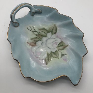 Hand Painted White Roses Robin Egg Blue Porcelain Signed Trinket Dish Nappy