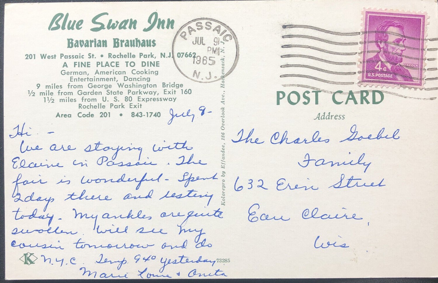 USPS Blue Swan Inn Bavarian Brauhaus German Rochelle Pk NJ W/Letter Charles