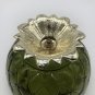 Indiana Green Glass 1960's Rose Bowl with Silver/Gold Leaf Metal Base