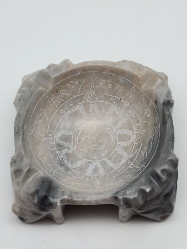 Vintage Hand Carved Black Marble Stone Mayan Aztec Ashtray Grey Black