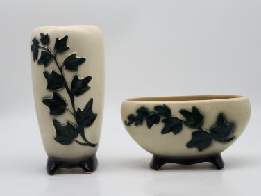 Vintage Royal Copley Ivy Footed Vase Planter Pottery Set - Green/White *AS-IS*