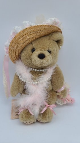 Vintage BEARLY PEOPLE  Bear PLUSH PINK FEATHERS Pearls 1920's Era Dressed w/ Tag