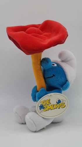 Vintage 1999 Blue Smurf Holding Red Mushroom Sitting Plush Stuffed Animal w/ TAG