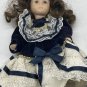Porcelain Doll 7&acirc;�� Navy Dress White Lace Brown Hair Blue Eyes