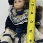 Porcelain Doll 7&acirc;�� Navy Dress White Lace Brown Hair Blue Eyes