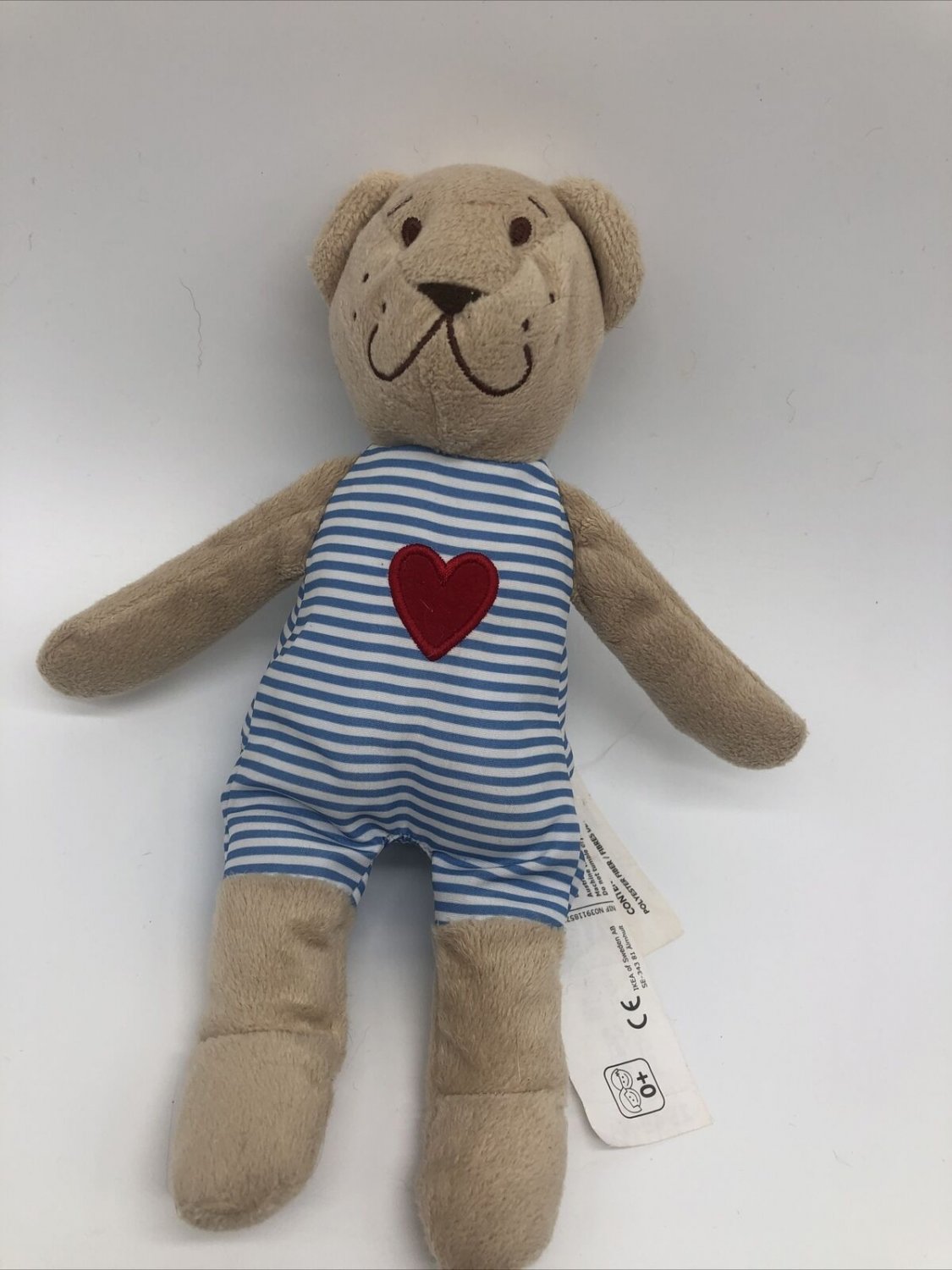 Ikea Fabler Bjorn Tan Teddy Bear Stuffed Animal Blue Stripe Red Heart CLEAN