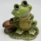 Josef Originals Green Frog on Lily Pad Ceramic Figurine Mushroom Ladybug