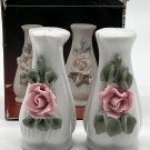 Vintage Porcelain Rose Salt & Pepper Shakers White Delicate Pink Roses 3”T NIB