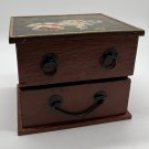 Vintage Hand Painted 2 Drawer Wood Floral Jewelry Box Felt Lined Brass Accents