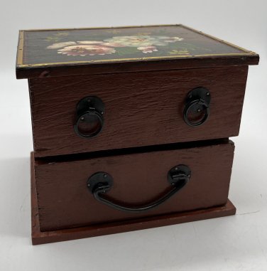 Vintage Hand Painted 2 Drawer Wood Floral Jewelry Box Felt Lined Brass Accents