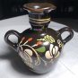 Vintage Pottery Redware 2 Handled Jug Brown Cream & Yellow Flowers, 6 Inches