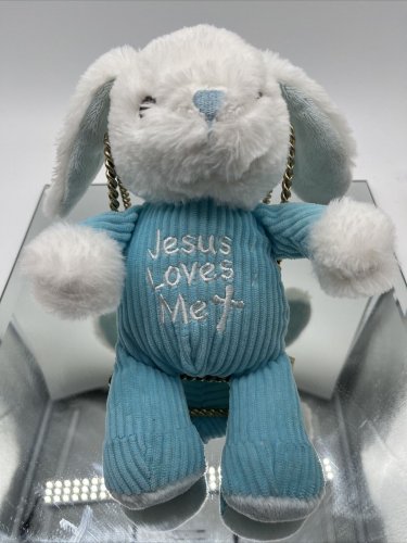 Dan Dee Collectors Choice Bunny Plays " Jesus Loves Me" Blue White 9" Plush
